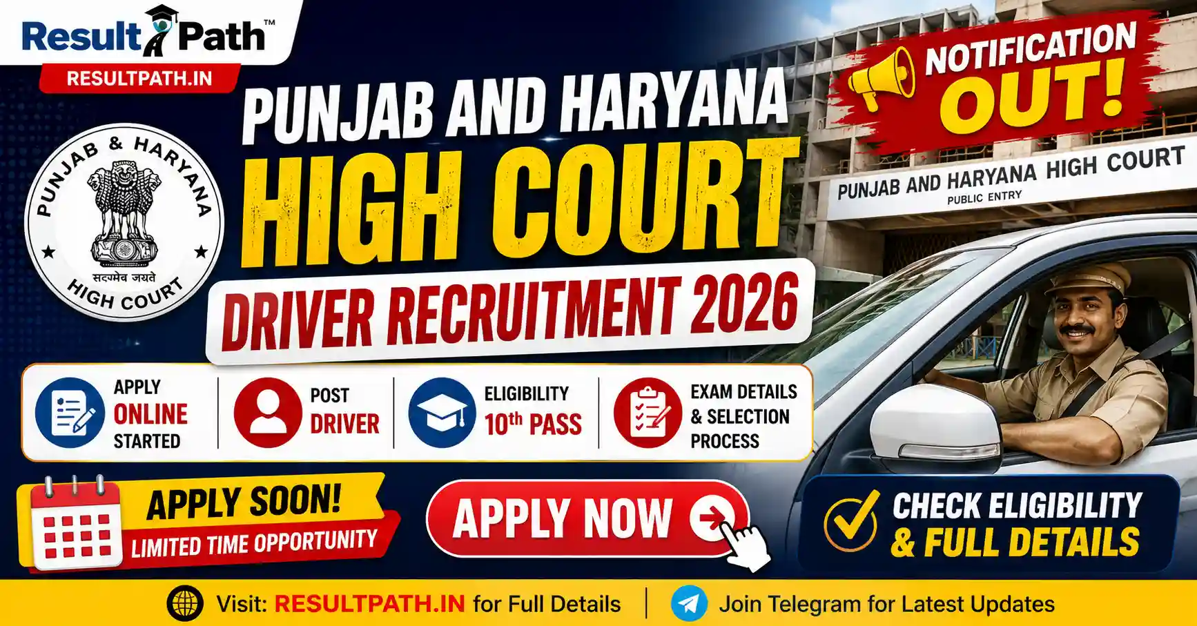 Punjab and Haryana High Court Driver Recruitment 2026 Notification Out Apply Online