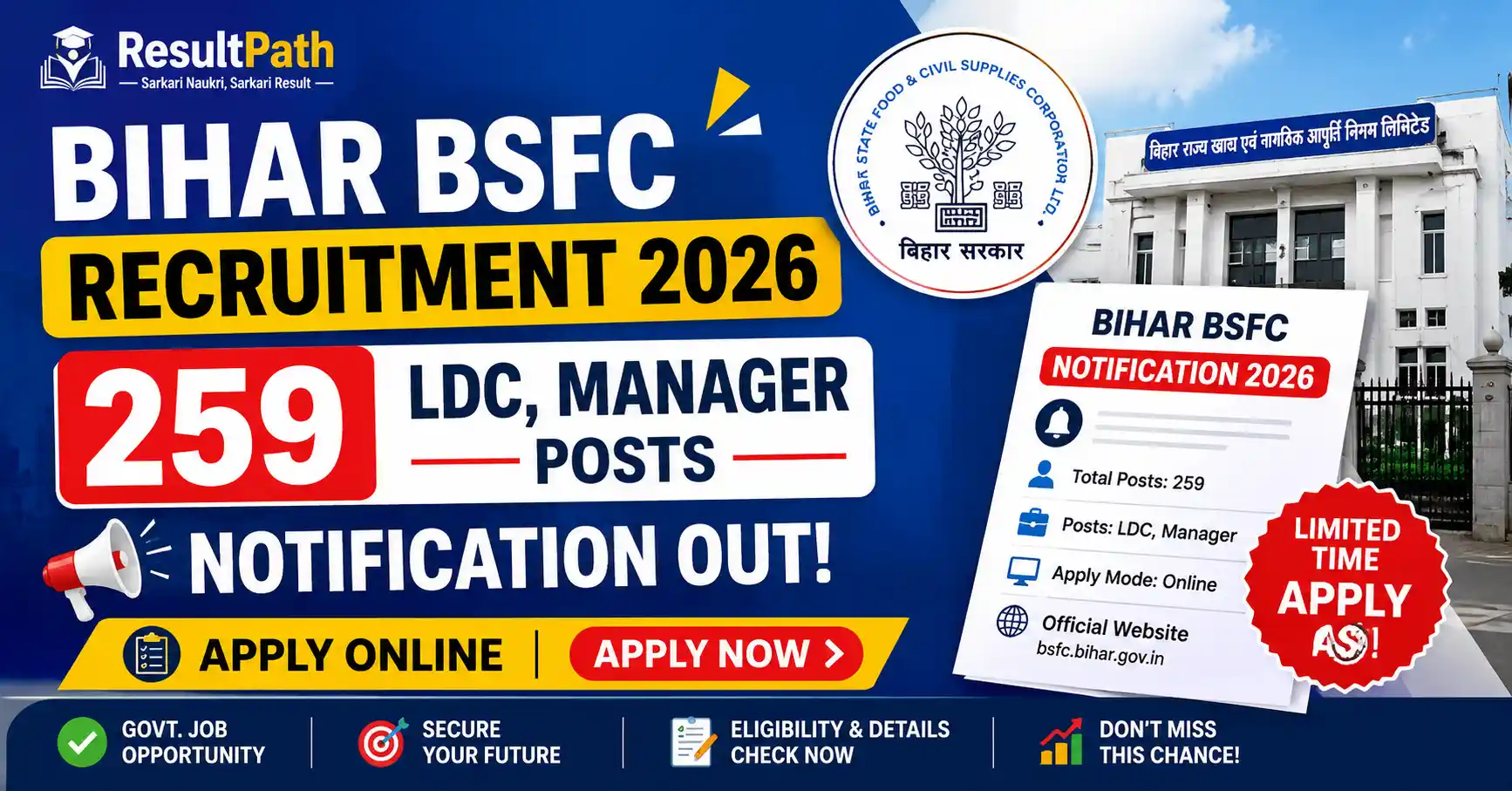 Bihar BSFC Recruitment 2026 Notification Out Apply Online for 259 Posts
