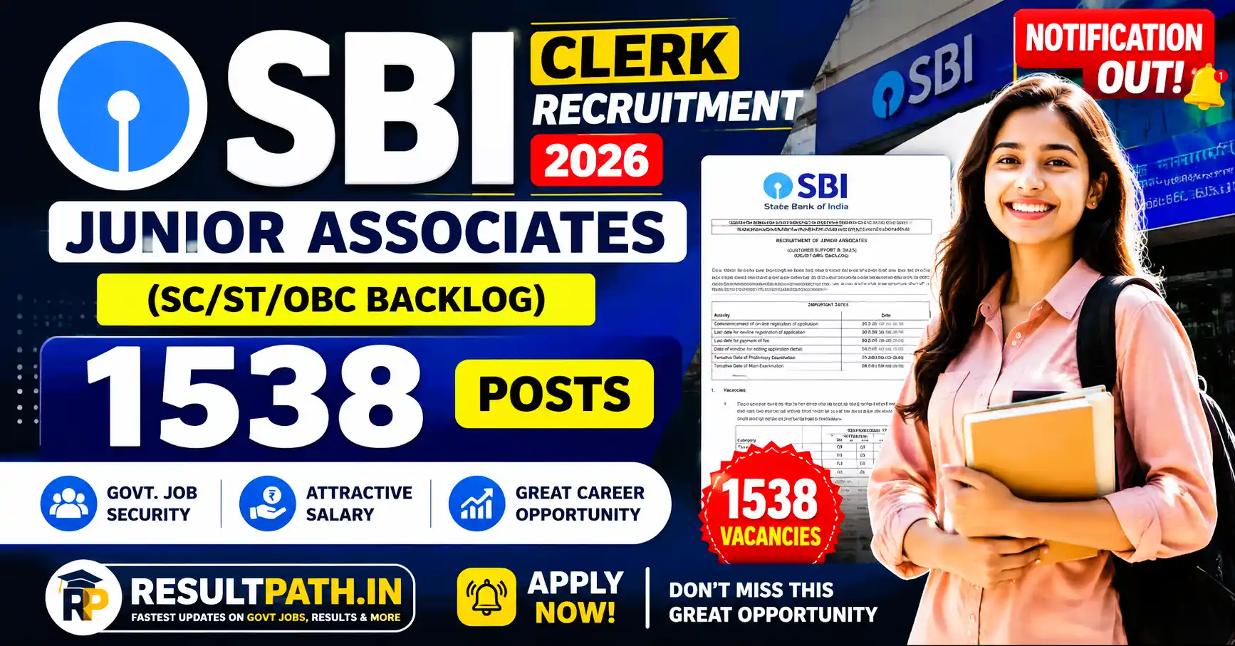 SBI Clerk Recruitment 2026 1538 Junior Associates Backlog Vacancy Apply Online